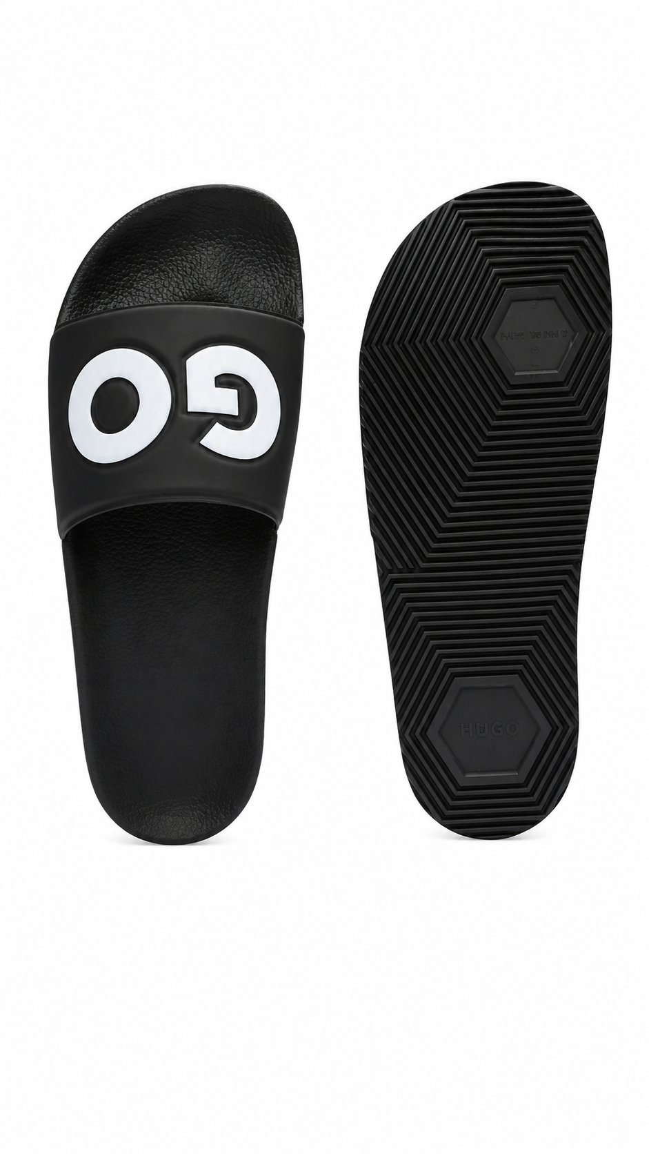 SANDALIAS HUGO NEGRAS LOGO BLANCO RELIEVE