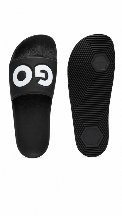 SANDALIAS HUGO NEGRAS LOGO BLANCO RELIEVE